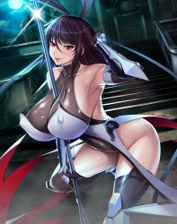 Rule 34 | 1girl, :d, aoi nagisa (metalder), arm guards, armor, bare shoulders, black hair, blush, breast hold, breasts, brown hair, cleavage, collarbone, covered erect nipples, covered navel, crossed arms, curvy, elbow gloves, female focus, from side, gloves, grey gloves, grey thighhighs, hair between eyes, hair ribbon, halterneck, hand on own hip, hand up, highleg, highleg leotard, highres, huge breasts, impossible clothes, impossible leotard, leotard, lilith-soft, lipstick, looking at viewer, makeup, maroon hair, mizuki shiranui, moon, naughty face, night, nipples, no bra, official art, open mouth, parted lips, pink lips, red eyes, ribbon, see-through, shiny clothes, shiny skin, short hair, skin tight, sky, smile, standing, taimanin (series), taimanin asagi, taimanin asagi kessen arena, taimanin yukikaze, thighhighs, thighs, thong leotard, turtleneck, vambraces