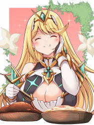 Rule 34 | 1girl, ^ ^, bare shoulders, blonde hair, breasts, chest jewel, cleavage, cleavage cutout, closed eyes, clothing cutout, dress, earrings, elbow gloves, gloves, highres, jewelry, kurokaze no sora, large breasts, long hair, mythra (xenoblade), swept bangs, tiara, very long hair, white dress, white gloves, xenoblade chronicles (series), xenoblade chronicles 2, yellow eyes