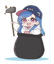 Rule 34 | 1girl, :d, bad id, bad twitter id, baseball cap, blue hair, blue hat, blue nails, blush, cauldron, chibi, colored shadow, commentary request, drawstring, earrings, fang, getting over it, glasses, hammer, hat, highres, holding, hood, hood down, hoodie, in cauldron, in pot, jewelry, long hair, long sleeves, looking at viewer, multicolored hair, nail polish, nijisanji, nishizono chigusa, nishizono chigusa (2nd costume), notice lines, nozo (hitomiz), open mouth, puffy long sleeves, puffy sleeves, red eyes, round eyewear, shadow, sledgehammer, sleeves past wrists, smile, solo, two-tone hair, virtual youtuber, white background, white hoodie