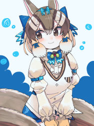 Rule 34 | 1girl, absurdres, animal costume, animal ear fluff, animal ears, blush, bow, bowtie, brown eyes, brown hair, cardigan, closed mouth, gloves, highres, kanmoku-san, kemono friends, kemono friends v project, multicolored hair, ribbon, shirt, short hair, shorts, siberian chipmunk (kemono friends), simple background, solo, tail, virtual youtuber, white hair