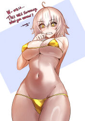 Rule 34 | 1girl, absurdres, ahoge, arm behind back, bikini, breasts, cleavage, clenched teeth, cowboy shot, embarrassed, english text, fate/grand order, fate (series), fukou, gold bikini, hand up, highres, jeanne d&#039;arc alter (avenger) (fate), jeanne d&#039;arc alter (fate), large breasts, looking down, navel, short hair, solo, swimsuit, teeth, underboob, white hair, yellow eyes