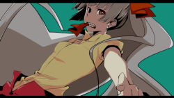 Rule 34 | 1girl, dutch angle, female focus, fujiwara no mokou, letterboxed, mouth hold, outstretched arm, ponytail, sira tamako, solo, teeth, touhou