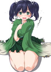 Rule 34 | 10s, 1girl, aircraft, airplane, black hair, breasts squeezed together, breasts, dd (ijigendd), green eyes, japanese clothes, kantai collection, large breasts, long sleeves, open mouth, personification, reppuu (kancolle), ribbon, short hair, sitting, skirt, solo, souryuu (kancolle), twintails, wide sleeves