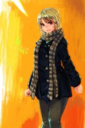 Rule 34 | 1girl, blonde hair, gradient background, highres, inuchiyo (inu0124), original, peacoat, scarf, solo, yellow eyes