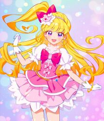 Rule 34 | asahina mirai, blonde hair, bow, commentary request, cure miracle, diamond-shaped brooch, dress, earrings, gloves, hair bow, hat, jewelry, kurochiroko, layered dress, long hair, magical girl, mahou girls precure!, mini hat, mini witch hat, one side up, open mouth, pink bow, pink hat, precure, purple eyes, smile, white gloves, witch hat