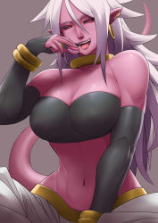 Rule 34 | 1girl, absurdres, android 21, bandeau, bare shoulders, black nails, black sclera, bracelet, breasts, bridal gauntlets, cleavage, colored sclera, colored skin, dragon ball, dragon ball fighterz, ear piercing, earrings, covered erect nipples, exaxuxer, food, half-closed eyes, harem pants, highres, hoop earrings, jewelry, large breasts, looking at viewer, macaron, majin (race), majin android 21, messy hair, nail polish, naughty face, navel, neck ring, pants, piercing, pink skin, pointy ears, red eyes, saliva, silver hair, solo, stomach, tail, tongue, tongue out