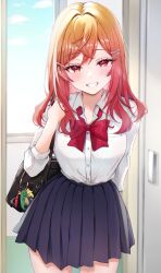 Rule 34 | 1girl, bag, blush, bow, bowtie, hair ornament, hairclip, highres, hololive, hololive dev is, ichijou ririka, long hair, orange hair, pleated skirt, red bow, red bowtie, red eyes, school bag, school uniform, shirt, skirt, smile, virtual youtuber, white shirt, yoyoma5c