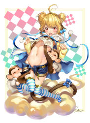 Rule 34 | 10s, 1girl, 2015, :3, ^ ^, absurdres, andira (granblue fantasy), antenna hair, blonde hair, blue bow, blue ribbon, blue shorts, blush, bow, breasts, chushengdao, closed eyes, cloud, dated, erune, full body, granblue fantasy, groin, hair bow, highres, hugging another&#039;s leg, knees together feet apart, leg grab, monkey, monkey tail, navel, no shoes, open mouth, red eyes, ribbon, shiny skin, shorts, signature, sleeves past wrists, small breasts, striped clothes, striped thighhighs, tail, thighhighs, thighs, two side up, white background