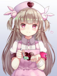 Rule 34 | 1girl, bandaged arm, bandages, blush, brown hair, closed mouth, commentary request, feeding, gradient background, hat, heart, long hair, looking at viewer, moko (mokomozi11), natori sana, nurse cap, pink eyes, sana channel, shirt, short sleeves, smile, solo, spoon, two side up, upper body, virtual youtuber, white shirt