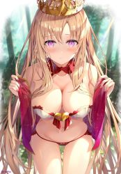 Rule 34 | 1girl, bare shoulders, bikini, blonde hair, blurry, blurry background, blush, breasts, cleavage, collarbone, crown, detached collar, europa (fate), fate/grand order, fate (series), forest, highres, large breasts, leaning forward, light rays, long hair, looking at viewer, nature, navel, parted lips, purple eyes, red bikini, rin yuu, solo, swimsuit, thighs, very long hair, white bikini