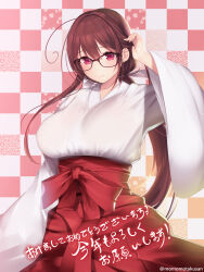 Rule 34 | 1girl, ahoge, breasts, glasses, highres, japanese clothes, kashiwamochi yomogi, large breasts, long hair, looking at viewer, miko, original, red eyes, red hair, solo, translation request, wide sleeves