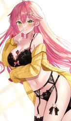 Rule 34 | 1girl, ahoge, blush, bra, cardigan, chocolate, chocolate on body, chocolate on breasts, finger to mouth, food on body, green eyes, hair between eyes, highres, hololive, lace, lace-trimmed bra, lace trim, light particles, long hair, navel, nibosi, off shoulder, panties, pink hair, sakura miko, sakura miko (casual), simple background, smile, solo, stomach, underwear, virtual youtuber, white background, yellow cardigan