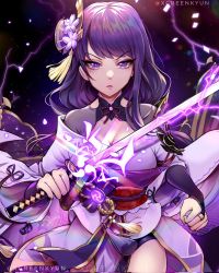Rule 34 | 1girl, blunt bangs, braid, breasts, bridal gauntlets, cleavage, commentary, electricity, english commentary, flower, genshin impact, hair flower, hair ornament, highres, holding, holding sword, holding weapon, japanese clothes, katana, kimono, large breasts, long hair, looking at viewer, mole, mole under eye, purple eyes, purple flower, purple hair, raiden shogun, ribbon, sash, solo, sword, symbol-only commentary, tassel, tomoe (symbol), twitter username, vision (genshin impact), weapon, wide sleeves, xgreenkyun