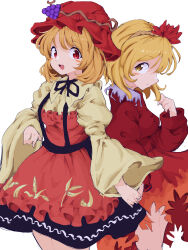 Rule 34 | 2girls, absurdres, aki minoriko, aki shizuha, apron, blonde hair, blush stickers, breasts, commentary request, cowboy shot, food, fruit, fruit hat ornament, grape hat ornament, grapes, hair ornament, hat, highres, holding hands, leaf, leaf cutout, leaf hair ornament, leaf on head, looking at viewer, medium breasts, mob cap, mugi (mugimugi 9kv), multiple girls, neck ribbon, open mouth, orange eyes, red apron, red eyes, ribbon, siblings, sisters, skirt, smile, touhou, wheat print, white background, wide sleeves