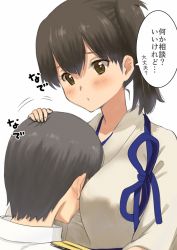 Rule 34 | 1boy, 1girl, admiral (kancolle), breast smother, brown eyes, brown hair, commentary request, face to breasts, highres, japanese clothes, kaga (kancolle), kantai collection, kujira naoto, long hair, petting, side ponytail, tasuki, translation request, upper body