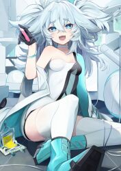 Rule 34 | 1girl, absurdres, bare shoulders, black gloves, blue hair, breasts, dress, eye symbol, fang, florence (neural cloud), girls&#039; frontline, girls&#039; frontline neural cloud, gloves, half gloves, hat, heart, heart-shaped pupils, highres, intravenous drip, knee up, light blue hair, nurse, nurse cap, official alternate costume, open mouth, pa-15 (girls&#039; frontline), rotroto, single half glove, sitting, small breasts, smile, smug, symbol-shaped pupils, syringe, thighhighs, two side up, white dress, white thighhighs