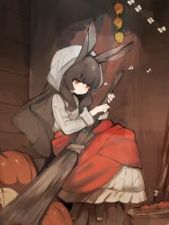 Rule 34 | 1girl, absurdres, animal ears, apple, basket, beamed eighth notes, black hair, blush, broom, commentary request, eighth note, food, fruit, grey shirt, highres, holding, holding broom, long hair, long sleeves, looking away, musical note, orange eyes, original, parted lips, pumpkin, rabbit ears, red apple, red skirt, shirokujira, shirt, short eyebrows, sitting, skirt, solo, thick eyebrows, very long hair, whistling