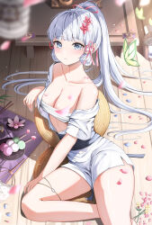 Rule 34 | 1girl, absurdres, ayaka (genshin impact), blue eyes, blunt bangs, blurry, breasts, bug, butterfly, cherry blossoms, chest sarashi, chopsticks, cleavage, collarbone, dango, depth of field, flower, food, genshin impact, hair flower, hair ornament, hair ribbon, hand fan, high ponytail, highres, insect, japanese clothes, long hair, medium breasts, mole, mole under eye, on floor, parted lips, petals, plate, ribbon, sanshoku dango, sarashi, sash, sidelocks, sitting, solo, thighs, tress ribbon, very long hair, wagashi, white hair, wooden floor, yeni1871