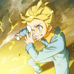 Rule 34 | 1boy, blonde hair, clemont (pokemon), commentary request, creatures (company), electricity, game freak, glasses, grey eyes, grin, hand up, holding, holding poke ball, jumpsuit, kanimaru, long sleeves, male focus, nintendo, poke ball, poke ball (basic), pokemon, pokemon (anime), pokemon xy (anime), round eyewear, short hair, smile, solo, standing, teeth