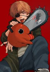 Rule 34 | adobe illustrator (medium), chainsaw, chainsaw man, denji (chainsaw man), eyepatch, highres, holding, holding chainsaw, jacket, long sleeves, looking at viewer, original, pochita (chainsaw man), red background, reflection, self-upload, shirt, simple background, smile, smolducko, tongue, tongue out, white shirt
