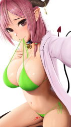 Rule 34 | 1girl, bell, bikini, bikini in mouth, blush, breasts, brown horns, cleavage, clothes in mouth, commentary request, copyright request, demon girl, demon horns, demon tail, green bikini, highres, horns, jellytits-7, large breasts, leg tattoo, looking at viewer, mouth hold, navel, neck bell, pink eyes, pink hair, pointy ears, reaching, reaching towards viewer, short hair, side-tie bikini bottom, simple background, smile, solo, swimsuit, tail, tattoo, white background