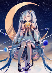 Rule 34 | 1girl, 2017, absurdly long hair, absurdres, blue eyes, blue hair, bow, character name, constellation, crescent moon, detached sleeves, fingerless gloves, frown, full body, gloves, hair bow, hatsune miku, head tilt, highres, holding, long hair, moon, mouth hold, night, night sky, pigeon-toed, planet, sitting, sky, solo, star (sky), star (symbol), starry sky, sumery, twintails, very long hair, vocaloid, yuki miku