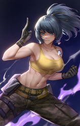 Rule 34 | 1girl, armlet, belt, blue eyes, blue hair, breasts, camouflage, camouflage pants, clenched hand, earrings, gloves, highres, hua-j, jewelry, leona heidern, midriff, navel, pants, pocket, ponytail, purple background, sleeveless, snk, solo, sports bra, tank top, the king of fighters, the king of fighters xv, toned, triangle earrings, yellow tank top
