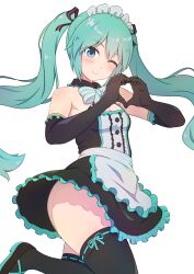Rule 34 | 1girl, absurdres, aqua hair, aqua ribbon, bare shoulders, black collar, black gloves, black thighhighs, blue eyes, bow, bowtie, breasts, buttons, center frills, cleavage, closed mouth, collar, cross-laced footwear, detached collar, dress, elbow gloves, floating hair, foot up, frilled collar, frilled dress, frills, from side, gloves, hair between eyes, hair ribbon, hand up, hands up, hatsune miku, head tilt, heart, heart hands, highres, hutokumi, light blush, long hair, looking at viewer, maid, maid headdress, one eye closed, ribbon, short dress, simple background, sleeveless, sleeveless dress, small breasts, smile, solo, striped bow, striped bowtie, striped clothes, striped ribbon, thighhighs, twintails, two-tone footwear, vocaloid, white background