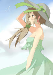 Rule 34 | 1girl, absurdres, bare shoulders, bird, bow, brown eyes, brown hair, cloud, day, dress, from side, green bow, green dress, green ribbon, hair ornament, hand on headwear, hat, hat bow, hat ribbon, highres, k-anon, long hair, low ponytail, original, outdoors, ribbon, sky, smile, solo, strapless, strapless dress, sun hat, wind