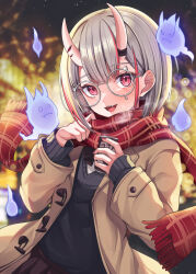 Rule 34 | 1girl, absurdres, blurry, chameleon (chameleon0613), cup, depth of field, glasses, grey hair, hair between eyes, highres, holding, holding cup, hololive, horns, jacket, multicolored hair, nail polish, nakiri ayame, oni, open clothes, open jacket, red eyes, scarf, smile, streaked hair, virtual youtuber