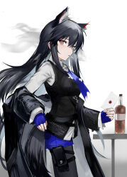 Rule 34 | 1girl, absurdres, alcohol, animal ear fluff, animal ears, arknights, black coat, black hair, black pantyhose, black vest, blue gloves, blue necktie, blue shorts, breasts, cigarette, coat, coat on shoulders, commentary, cowboy shot, fingerless gloves, gloves, highres, holding, holding letter, letter, long hair, long sleeves, looking at viewer, medium breasts, neck, necktie, orange eyes, pantyhose, pantyhose under shorts, pouch, s 4ik4, shirt, shorts, simple background, smoke, smoking, solo, table, tail, texas (arknights), texas the omertosa (arknights), very long hair, vest, white background, white shirt, wolf ears, wolf girl, wolf tail