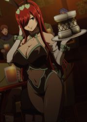 Rule 34 | 1girl, alcohol, animal ears, bar (place), bare shoulders, beer, beverages, breasts, brown eyes, cleavage, curvy, drink, elbow gloves, erza scarlet, fairy tail, fairy tail: dragon cry, gloves, highres, indoors, large breasts, leotard, long hair, multiple boys, navel, people, rabbit ears, red hair, screencap, sitting, smile, stitched, stomach, thick thighs, thighs, third-party edit, tray, waitress