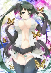 Rule 34 | 1girl, bad id, bad pixiv id, black eyes, black hair, breasts, bridal gauntlets, bug, butterfly, censored, convenient censoring, hatsune miku, hatsune miku (append), highres, bug, large breasts, long hair, navel, no panties, solo, thigh gap, thighhighs, thighs, twintails, very long hair, vocaloid, vocaloid append, y (sy20), yamaha