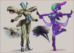 Rule 34 | 2girls, arm cannon, armor, banshee (halo), breasts, cockpit, colored skin, commentary, english commentary, full body, glowing nipples, green skin, halo: combat evolved, halo (game), halo (series), halo 3, helmet, highres, justrube, large breasts, mecha musume, metal skin, multiple girls, neon trim, no eyes, outstretched arms, personification, photo inset, power armor, purple skin, skin tight, thrusters, wasp (halo), weapon