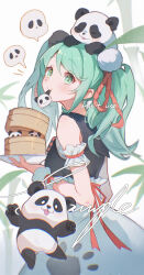 Rule 34 | 1girl, absurdres, animal, animal on head, aqua eyes, aqua hair, armband, bamboo, cloudyman, commentary, from side, hair ornament, hatsune miku, highres, holding, holding plate, long skirt, looking at viewer, mouth hold, on head, panda, plant, plate, pom pom (clothes), pom pom hair ornament, sample watermark, skirt, solo, twintails, vocaloid, watermark, white skirt, wrist cuffs