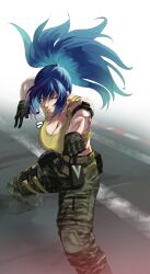 Rule 34 | 1girl, ammunition pouch, bare shoulders, belt, blue eyes, blue hair, boots, camouflage, camouflage pants, cargo pants, combat boots, dog tags, earrings, exocet (exocet4), gloves, highres, jewelry, leona heidern, pants, ponytail, pouch, sleeveless, tank top, the king of fighters, the king of fighters xv, triangle earrings, yellow tank top