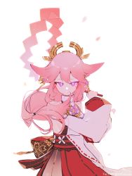 Rule 34 | 1girl, absurdres, animal ears, bare shoulders, commentary, detached sleeves, fox ears, genshin impact, gohei, highres, holding, long hair, long sleeves, looking at viewer, parted lips, pink hair, purple eyes, red skirt, shirt, signature, skirt, sleeveless, sleeveless shirt, smile, sofra, solo, twitter username, very long hair, white background, white shirt, white sleeves, wide sleeves, yae miko