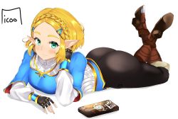 Rule 34 | 1girl, ass, black gloves, blonde hair, boots, breasts, commentary, fingerless gloves, gloves, green eyes, hair ornament, hairclip, highres, huge ass, icoo, large breasts, legs up, looking at viewer, lying, nintendo, on stomach, pointy ears, princess zelda, sheikah slate, short hair, simple background, smile, solo, the legend of zelda, the legend of zelda: breath of the wild, the legend of zelda: tears of the kingdom, the pose, white background