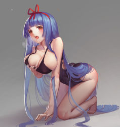 Rule 34 | 1girl, barefoot, blue hair, blush, grabbing another&#039;s breast, breasts, crimson k night, female focus, grabbing, gradient background, hair ribbon, helic (7317helic), highres, hime cut, kneeling, large breasts, leotard, long hair, looking at viewer, open mouth, orange eyes, original, ribbon, solo, sweat, tongue, torn clothes, very long hair