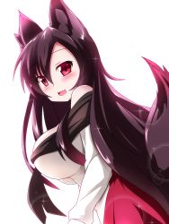 Rule 34 | 1girl, animal ears, bare shoulders, blush, breasts, brown hair, fang, imaizumi kagerou, large breasts, long hair, long sleeves, looking at viewer, looking to the side, off-shoulder shirt, off shoulder, open mouth, red eyes, shirt, simple background, sivamaron, solo, tail, touhou, white background, wolf ears, wolf tail