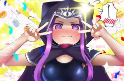 Rule 34 | 1girl, @ @, blush, cape, commentary request, double v, embarrassed, emotional engine - full drive, fate/grand order, fate (series), female focus, flying sweatdrops, hood, hooded cape, kuro yanagi, long hair, looking at viewer, macaron background, matching hair/eyes, medusa (fate), medusa (lancer) (fate), medusa (rider) (fate), nose blush, purple eyes, purple hair, rider, school swimsuit, sidelocks, solo, spoken blush, swimsuit, upper body, v, wavy mouth
