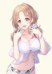 Rule 34 | 1girl, absurdres, bikini, breasts, brown hair, cleavage, hair ornament, highres, hoshina hoshimi, ichikawa hinana, idolmaster, idolmaster shiny colors, large breasts, low twintails, navel, scrunchie, smile, swimsuit, twintails