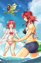 Rule 34 | 1boy, 2girls, bikini, blue sky, brother and sister, closed eyes, closed mouth, cloud, crossed arms, day, dragon, fire emblem, fire emblem: mystery of the emblem, flower, from side, hair flower, hair ornament, hairband, highres, long hair, long sleeves, maria (fire emblem), minerva (fire emblem), misheil (fire emblem), multiple girls, nintendo, open mouth, pink bikini, red eyes, red hair, riding, scar, see-through, short hair, shorts, siblings, sisters, sky, standing, swimsuit, torisan 377, wading, water, wyvern