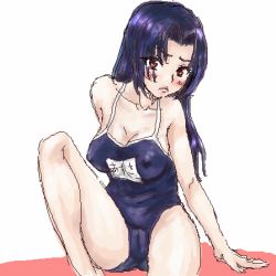 Rule 34 | 00s, 1girl, arm support, bad anatomy, blue hair, blush, breasts, collarbone, covered erect nipples, frown, head tilt, idolmaster, idolmaster (classic), idolmaster 1, knees up, large breasts, leg up, lips, long hair, looking at viewer, lowres, miura azusa, name tag, one-piece swimsuit, osakana (denpa yun&#039;yun), pout, pussy, school swimsuit, simple background, sitting, sketch, solo, swimsuit