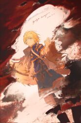 Rule 34 | 1boy, blonde hair, blue eyes, closed mouth, corrupted twitter file, dated, hair between eyes, highres, holding, hunter x hunter, kurapika, light blush, long sleeves, looking at viewer, male focus, mei ren, reflection, shadow, short hair, smile, solo, standing, waving