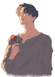 Rule 34 | 13nohuyu, 1boy, brown hair, collarbone, eren yeager, flower, grey eyes, grey shirt, highres, holding, holding flower, long sleeves, looking up, male focus, parted bangs, parted lips, red flower, red rose, rose, shingeki no kyojin, shirt, short hair, solo, upper body, white background