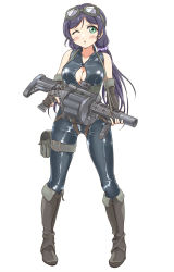 Rule 34 | 1girl, black bodysuit, black gloves, black hair, blush, bodysuit, boots, breasts, brown footwear, cleavage cutout, clothing cutout, collarbone, fingerless gloves, full body, gloves, goggles, goggles on head, green eyes, gun, hair rollers, holding, holding gun, holding weapon, knee boots, long hair, love live!, love live! school idol project, medium breasts, one eye closed, parted lips, rifle, shiny skin, simple background, solo, tetopetesone, tojo nozomi, twintails, weapon, white background