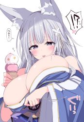 Rule 34 | 1girl, animal ear fluff, animal ears, areola slip, azur lane, bare shoulders, blue kimono, breast hold, breast sucking, breasts, cleavage, food, highres, himiya jouzu, huge breasts, ice cream, ice cream cone, japanese clothes, kimono, licking, licking breast, light blush, light purple hair, long hair, looking at viewer, off shoulder, self breast sucking, shinano (azur lane), simple background, solo, white background, wide sleeves