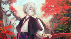 Rule 34 | 1boy, black eyes, blue eyes, blurry, blurry background, bridge, chain, chinese clothes, commentary request, csyday, day, expressionless, fate/grand order, fate (series), grey hair, hair between eyes, highres, horse, horse tail, japanese clothes, leaf, male focus, maple leaf, open clothes, outdoors, prince of lan ling (fate), sky, tail, tree, white hair, wide sleeves