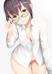 Rule 34 | 1girl, bad id, bad pixiv id, blouse, blue-framed eyewear, blush, breasts, brown hair, cleavage, collared shirt, dress shirt, glasses, green eyes, green panties, hair between eyes, kantai collection, multicolored hair, naked shirt, ne an ito, no bra, okinami (kancolle), open clothes, open mouth, open shirt, panties, pink hair, shirt, short hair, simple background, small breasts, solo, underwear, white background, white shirt